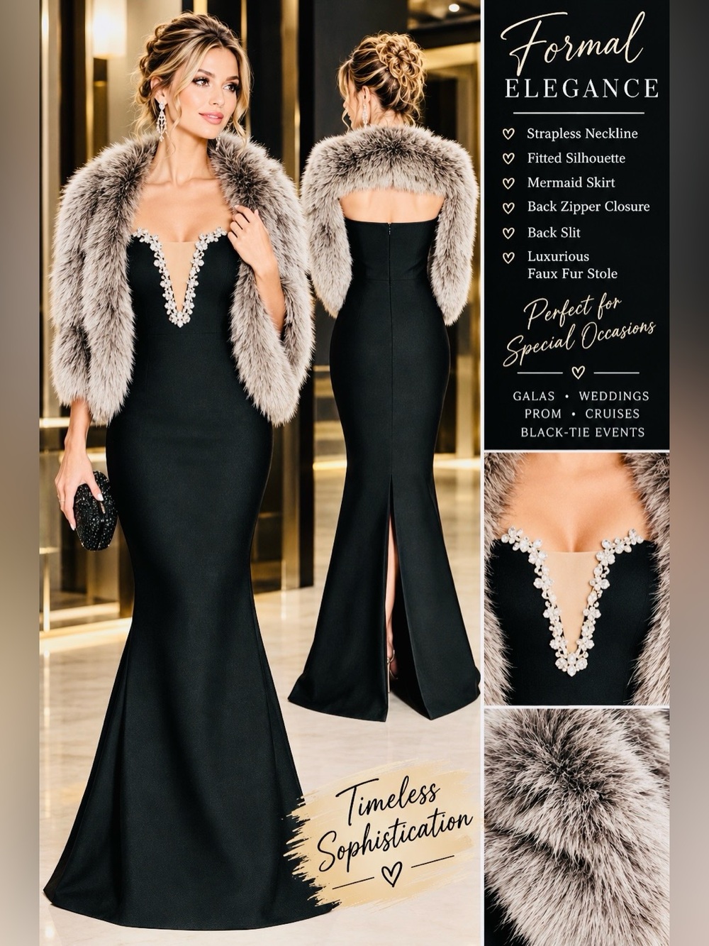 Black Strapless Mermaid Evening Dress with Faux Fur Stole that is NWT